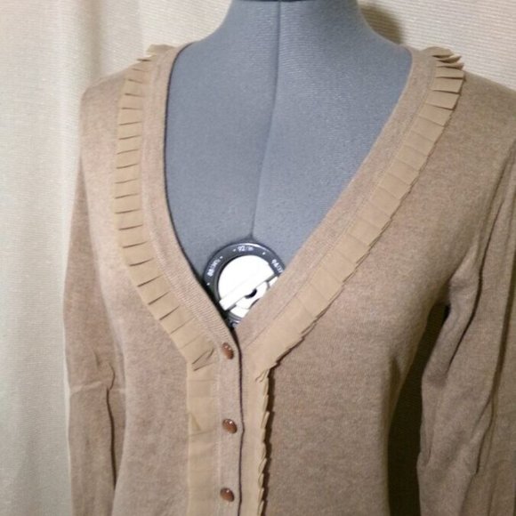 MERONA Cardigan sweater S Warm Brown Pleated V-neck ruffles Tight-knit Long slv - Picture 4 of 9